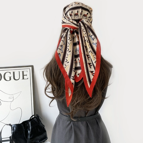 Vintage Equestrian Horse Print Satin Scarf For Women Herringbone Pattern Triangular Neck Scarf Fashion Accessory