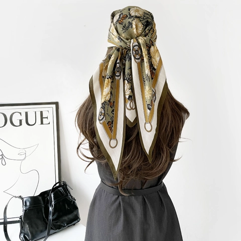 Pañuelo Triangular de Satén Con Estampado Floral Ecuestre Retro Francés Elegante Decorativo de Espiga Para Mujer Oficina