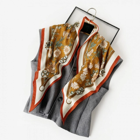 Pañuelo Triangular de Satén Con Estampado Floral Ecuestre Retro Francés Elegante Decorativo de Espiga Para Mujer Oficina