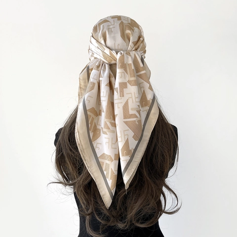Vintage Satin Square Scarf For Women Geometric Monogram Print Headband Elegant Neck Scarf Fashion Wrap Accessories For Daily Office