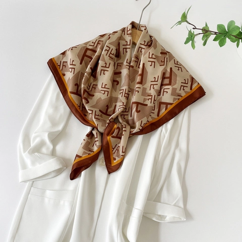 Vintage Satin Square Scarf For Women Geometric Monogram Print Headband Elegant Neck Scarf Fashion Wrap Accessories For Daily Office