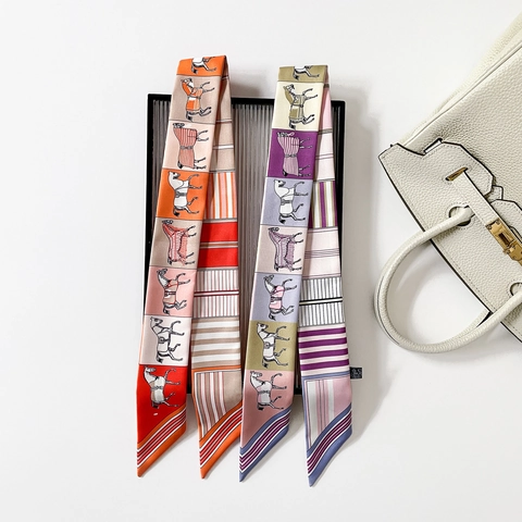 French Elegant Satin Horse Print Twilly Scarf For Women Vintage Geometric Striped Narrow Long Neck Scarf For Bag Decoration