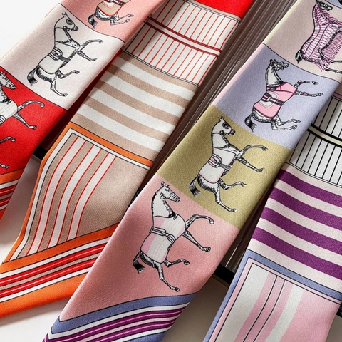 French Elegant Satin Horse Print Twilly Scarf For Women Vintage Geometric Striped Narrow Long Neck Scarf For Bag Decoration