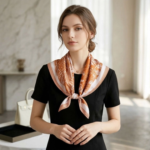 Women French Elegant Satin Square Scarf Forest Botanical Print Silky Feel Neck Scarf Fashion Lightweight Neckwear Wrap