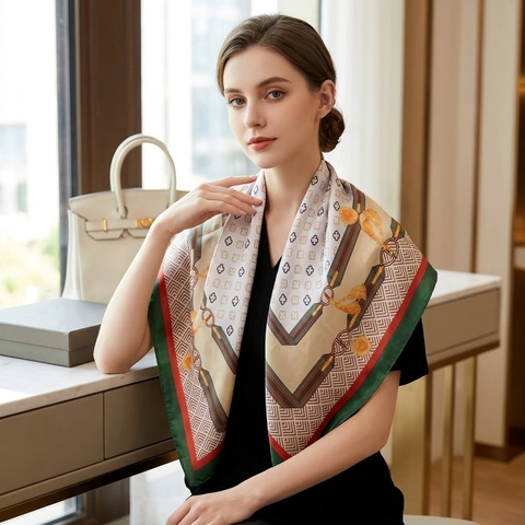 Elegant Satin Square Scarf Women Clover Belt Buckle Print Imitation Silk Neck Scarf Vintage Retro Fashion Scarf Accessories