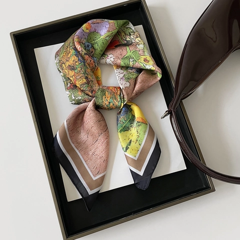 French Style Floral Print Satin Square Scarf Elegant Oil Painting Flower Pattern Women Decorative Neck Scarf Versatile Silk-like Accessory