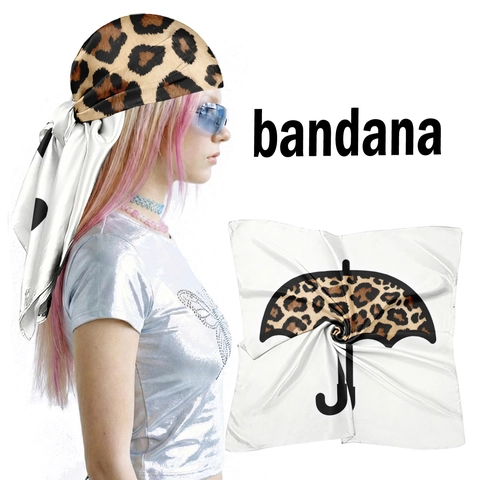 Damen Leoparden Regenschirm Print Satin Bandana Viereckstuch Seidig Kopfbedeckung Mode Halstuch Haar Accessoire Trendige Streetwear