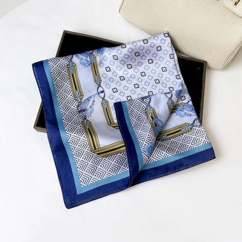 Elegant Satin Square Scarf Women Clover Belt Buckle Print Imitation Silk Neck Scarf Vintage Retro Fashion Scarf Accessories