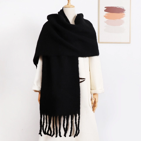 Women Winter Warm Mohair Like Scarf Solid Color Long Tassel Knitted Shawl Thick Soft Wrap Pashmina For Daily Travel