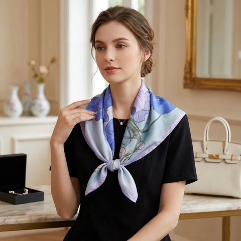 French Style Floral Print Satin Square Scarf Elegant Oil Painting Flower Pattern Women Decorative Neck Scarf Versatile Silk-like Accessory