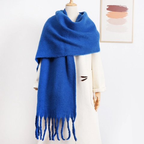 Women Winter Warm Mohair Like Scarf Solid Color Long Tassel Knitted Shawl Thick Soft Wrap Pashmina For Daily Travel