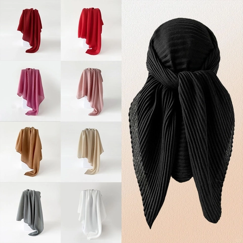 Elegant Solid Color Pleated Square Scarf For Women Faux Cotton Linen Hijab Lightweight Fashion Neck Scarf Hair Bandana Wraps