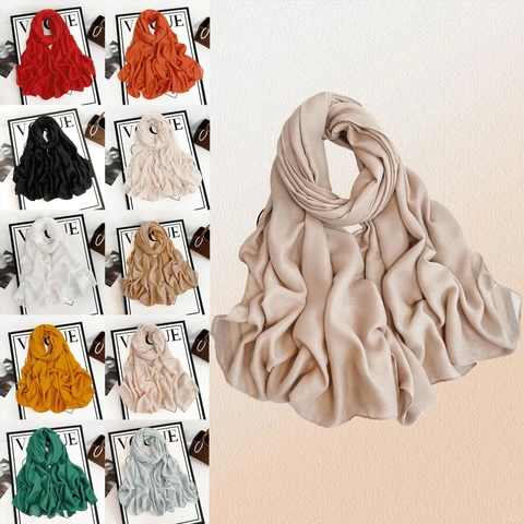 Women Elegant Solid Color Imitation Cotton Linen Scarf Long Chiffon Shawl Artificial Pearl Decoration Lightweight Wrap Scarf Fashion Accessory
