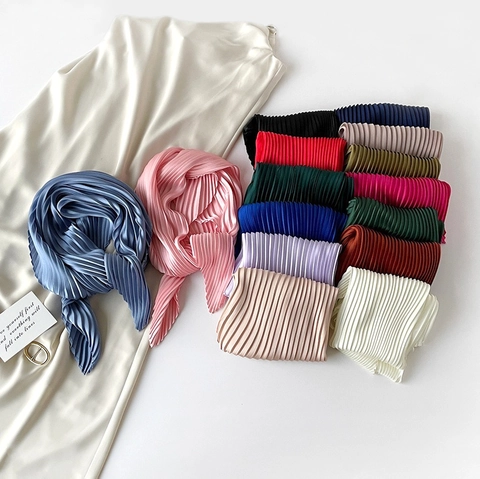 Pleated Satin Square Scarf For Women Solid Color Leopard Floral Pattern Hair Band Bandana Fashion Elegant Headscarf Neck Scarf