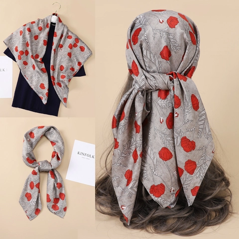 Carré de Soie Femme Vintage Imprimé Floral Coquelicot Rouge Satin Élégant Sergé Grand Bandana Pour Accessoire de Mode Bureau Voyage Quotidien