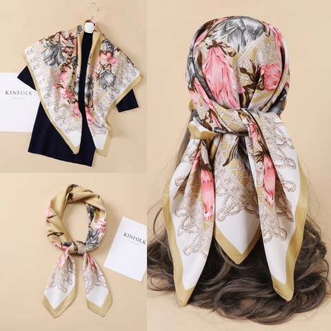 Pañuelo de Satén Cuadrado con Estampado Floral Vintage para Mujer Elegante Tacto de Seda Chal Grande Envoltura de Cuello Accesorio