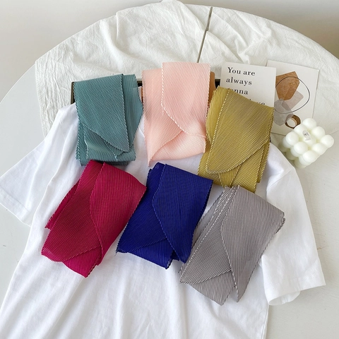 French Elegant Pleated Satin Scarf For Women Skinny Neck Tie Ribbon Solid Color Hair Band Headband Handbag Wrap Fashion Accessory