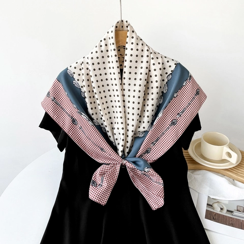 Damen Retro Satin Quadrat Schal Elegant Polka Dot Gingham Blatt Drucken Atmungsaktiv Sonnenschutz Reise Damen Halstuch