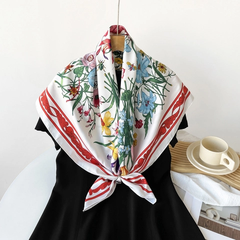 Dames Vintage Bloemenprint Satijnen Vierkante Sjaal Elegante Keperzijde Gevoel Hoofddoek Mode Halssjaal Sjaal Groot Accessoire