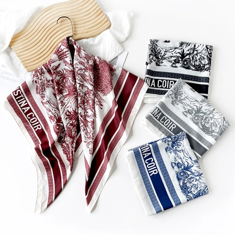 Large Square Satin Scarf For Women French Vintage Toile De Jouy Floral Paisley Print Elegant Headscarf Silk Like Wrap Shawl