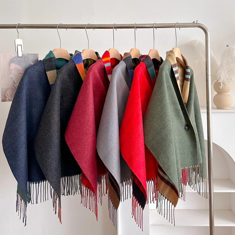 Women Imitation Cashmere Plaid Poncho Cape Scarf With Button Tassel Winter Warm Striped Wrap Shawl For Ladies
