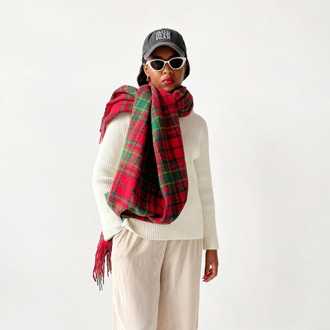 Écharpe Plaid Classique d'Hiver pour Femmes Avec Glands Frangés Fil Bouclé Châle Chaud Épais pour Noël Fête Décontracté Quotidien