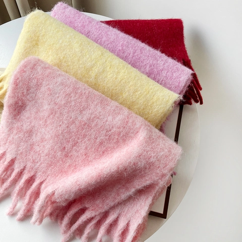 Solid Color Winter Scarf For Women Thick Warm Brushed Mohair Style Shawl With Tassels Polyester Wool Blend Long Scarf Wrap