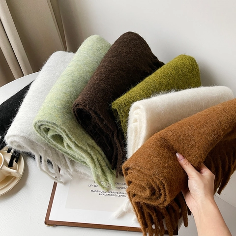 Women Solid Color Brushed Scarf With Tassel Warm Winter Shawl Soft Polyester Wool Blend Long Wrap Elegant Neck Warmer