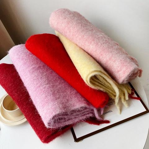 Solid Color Winter Scarf For Women Thick Warm Brushed Mohair Style Shawl With Tassels Polyester Wool Blend Long Scarf Wrap