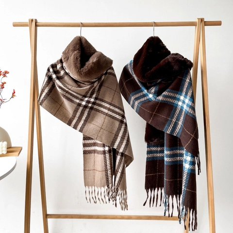 Women Winter Imitation Cashmere Plaid Shawl Scarf With Large Faux Fur Collar Tassels Warm Vintage Thick Poncho Wrap