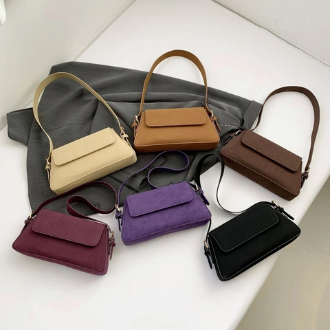 Women Baguette Bag PU Leather Matte Suede Finish Adjustable Shoulder Strap Underarm Purse Retro Vintage Style Casual