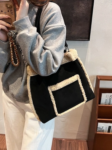 Damen Vintage Wildleder Lammwolle Tote-Bag Große Kapazität Plüschbesatz Schultertasche Winter Kontrastfarbe Designer Handtasche