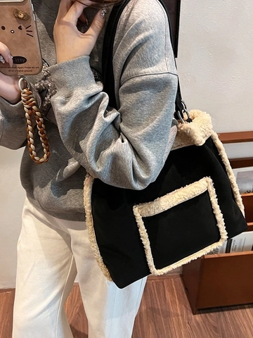 Damen Vintage Wildleder Lammwolle Tote-Bag Große Kapazität Plüschbesatz Schultertasche Winter Kontrastfarbe Designer Handtasche