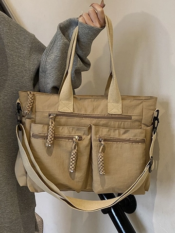 Large Capacity Multi Pocket Tote Bag Women Durable Oxford Cloth Shoulder Bag With Braided Zipper Pulls Casual Crossbody Handbag