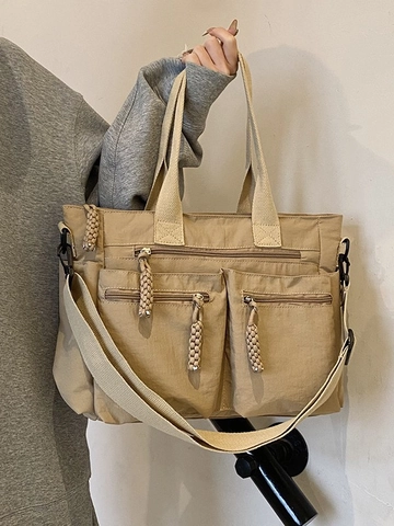 Large Capacity Multi Pocket Tote Bag Women Durable Oxford Cloth Shoulder Bag With Braided Zipper Pulls Casual Crossbody Handbag