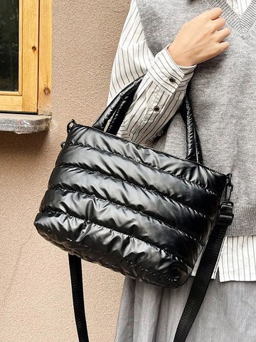 Borsa a Tracolla da Donna Grande Capacità Trapuntata Puffer in Nylon Metallico Tote per Pendolarismo Invernale Quotidiana Moda Borsa a Mano
