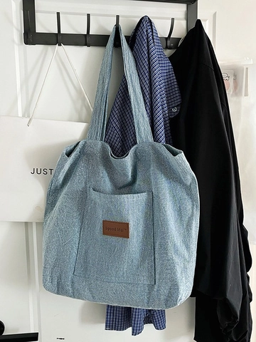 Borsa Tote in Tela Grande Capacità Donna Trama Denim Borsa a Tracolla Minimalista Giapponese per Studenti Scuola Lavoro