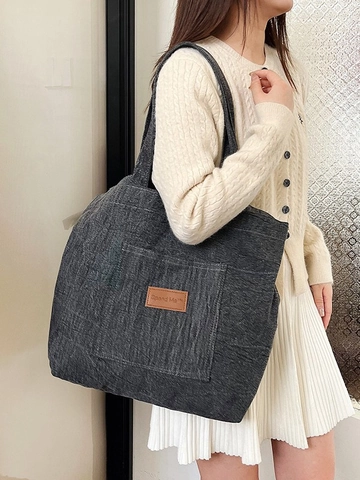 Borsa Tote in Tela Grande Capacità Donna Trama Denim Borsa a Tracolla Minimalista Giapponese per Studenti Scuola Lavoro