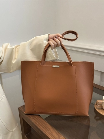 Borsa Tote in Pelle PU da Donna Grande Capacità Minimalista Borsa a Tracolla Pendolare Con Tasca Frontale Decorazione in Metallo Ufficio