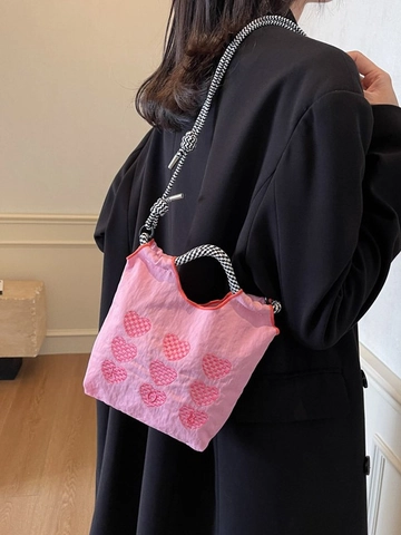 Bolso de Hombro de Lona para Mujer con Bordado de Corazón en Color de Contraste Bolso Tipo Cubo de Nailon Con Correa de Cuerda Trenzada a Cuadros Bolso Casual