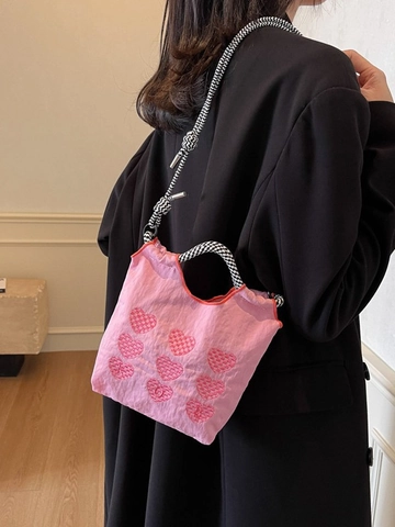 Bolso de Hombro de Lona para Mujer con Bordado de Corazón en Color de Contraste Bolso Tipo Cubo de Nailon Con Correa de Cuerda Trenzada a Cuadros Bolso Casual