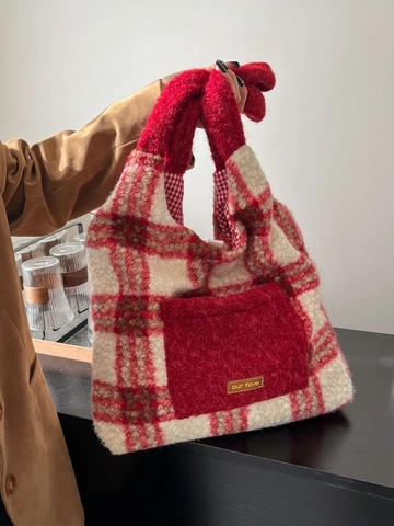 Bolso de Compras de Peluche a Cuadros de Otoño Invierno para Mujer Bolso de Hombro de Rejilla Roja y Blanca Con Bolsillo