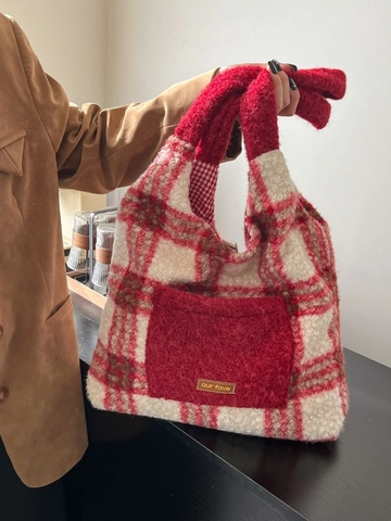 Bolso de Compras de Peluche a Cuadros de Otoño Invierno para Mujer Bolso de Hombro de Rejilla Roja y Blanca Con Bolsillo