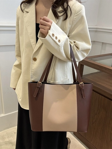 Vintage PU Leder Große Kapazität Tote Tasche Für Damen Retro Farbblock Schultertasche Einfach Pendeln Büro Reise Tasche
