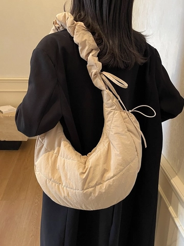 Fashion Women Quilted Puffer Shoulder Bag Large Capacity Dumpling Bag Nylon Ruched Strap Crescent Crossbody Bag For Daily