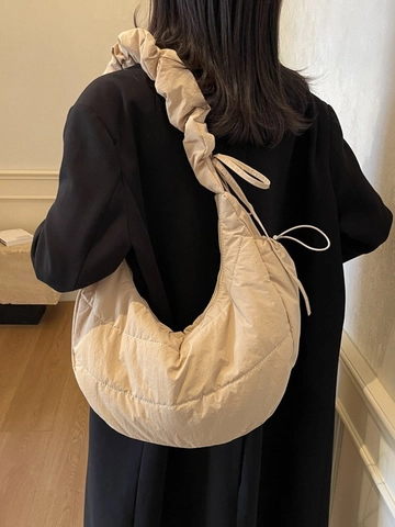 Fashion Women Quilted Puffer Shoulder Bag Large Capacity Dumpling Bag Nylon Ruched Strap Crescent Crossbody Bag For Daily