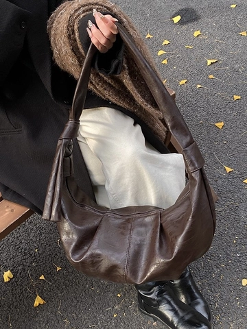 Bolso de Hombro Hobo de Cuero PU Suave Vintage Gran Capacidad Correa con Nudo Bolso Dumpling Plisado Bolso de Mano Retro