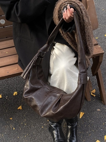 Bolso de Hombro Hobo de Cuero PU Suave Vintage Gran Capacidad Correa con Nudo Bolso Dumpling Plisado Bolso de Mano Retro
