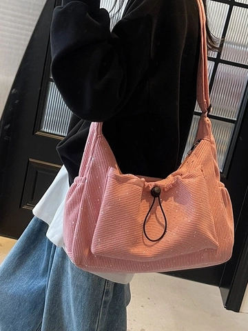 Dames Corduroy Schoudertas Met Sterpatroon Grote Capaciteit Trekkoord Crossbody Tas Casual Dagelijkse Hobo Tas