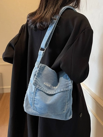 Sac Bandoulière en Denim Délavé Style Japonais Décontracté Broderie Sac Messager en Jeans Minimaliste avec Sangle Réglable